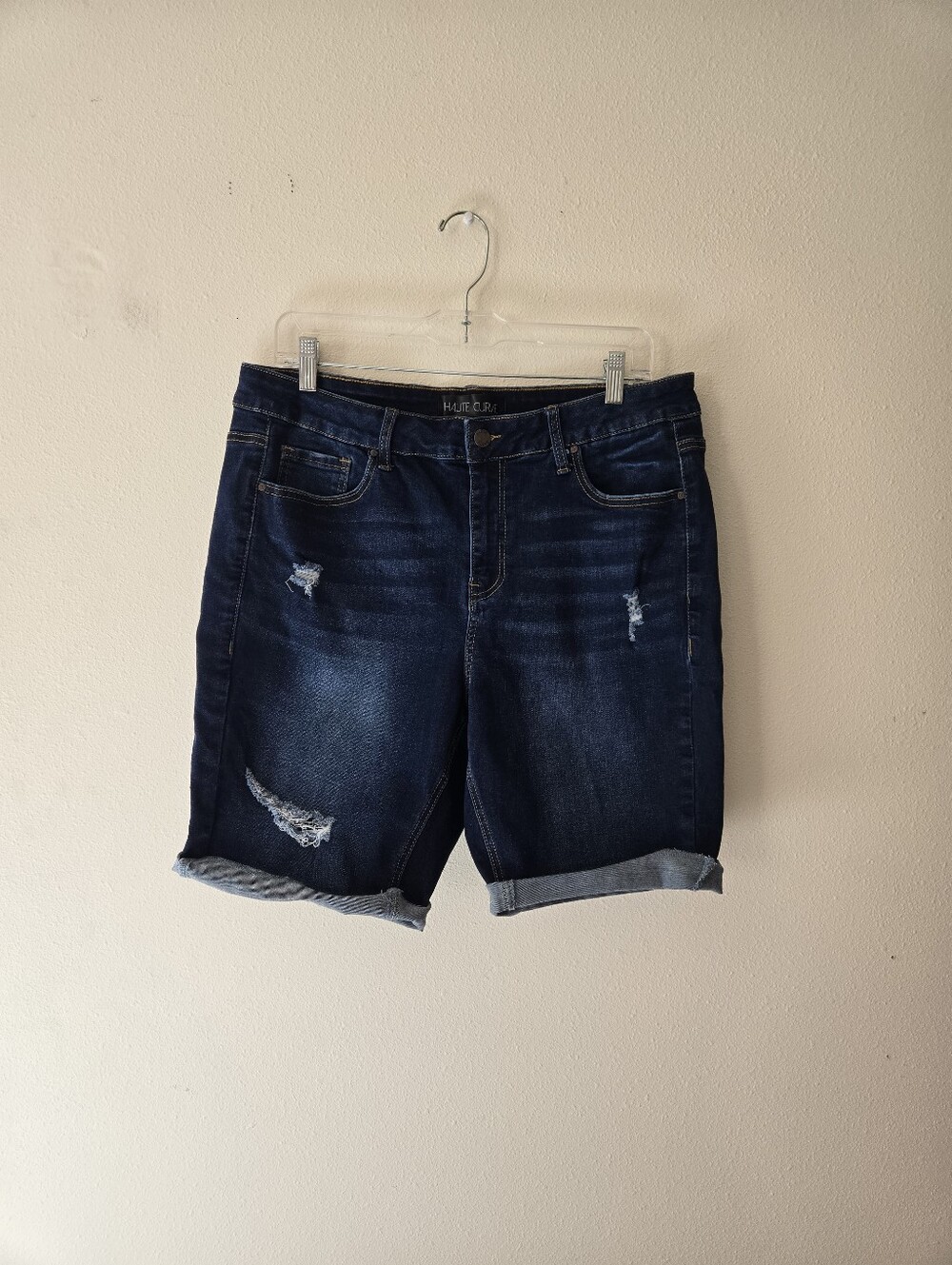 Dark Blue Distressed Roll-Cuff Denim Shorts - Women
